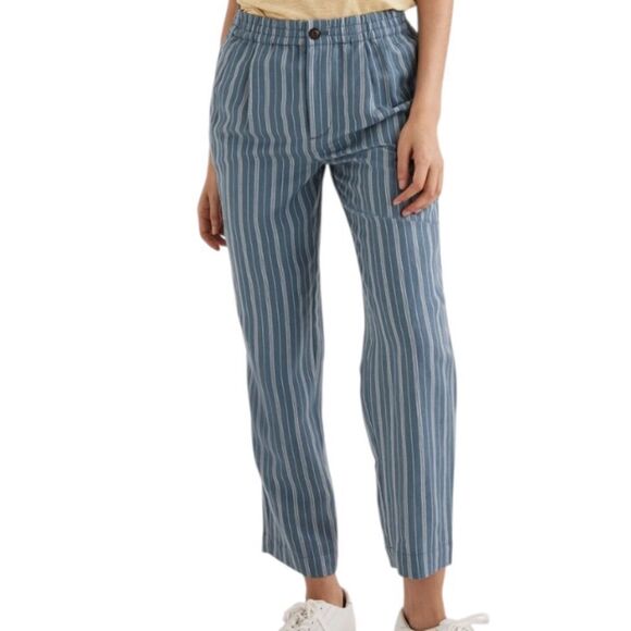 Madewell Blue Linen-Blend Track Trousers in Stripe Size Medium style MD211 - Picture 1 of 14